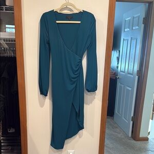 Express Blue Asymmetrical Ruched Wrap Dress